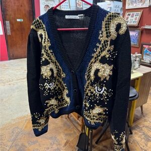80s Robin Sinkler Black & Blue gold metallic beaded cropped cardigan size L